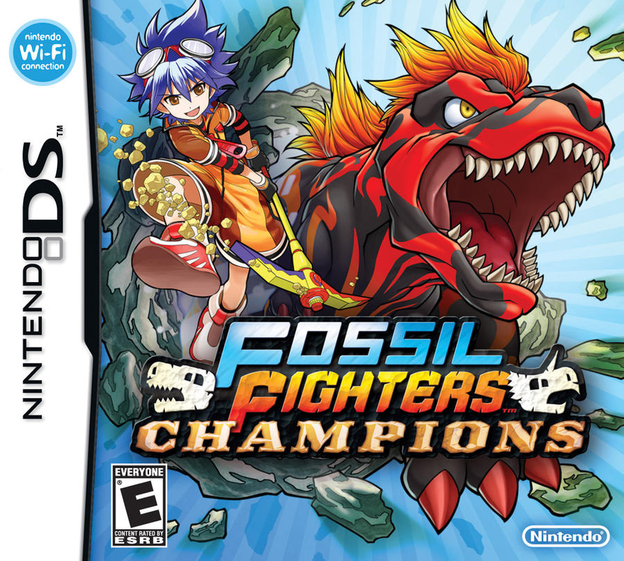the Nintendo DS box art for Fossil Fighters: Champions. it features a red and black t-rex roaring as it breaks out of a giant rock, and a grinning young boy swinging a pickaxe. the background is blue with faint lines drawing attention to the center. the logo also includes two small dinosaur skulls